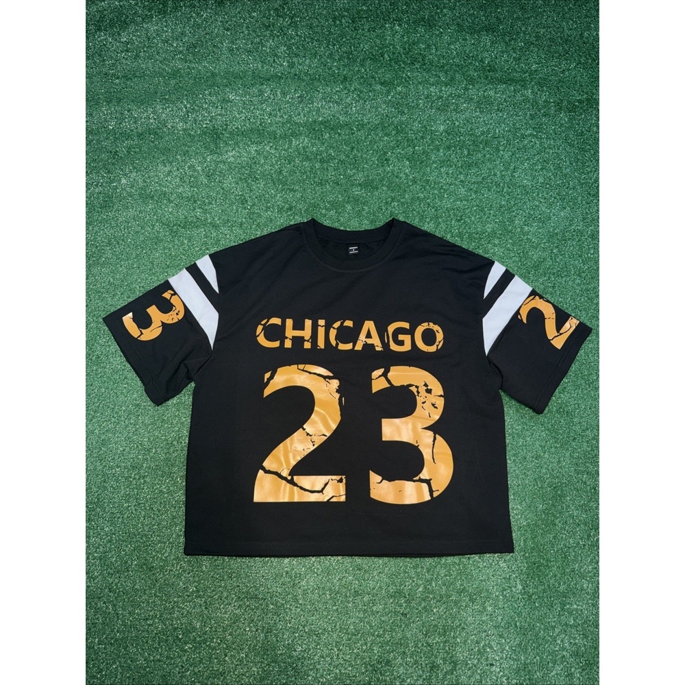 Manfinity Chicago 23‎ Black Gold Men's Graphic Print T-Shirt Striped Sleeves Sml